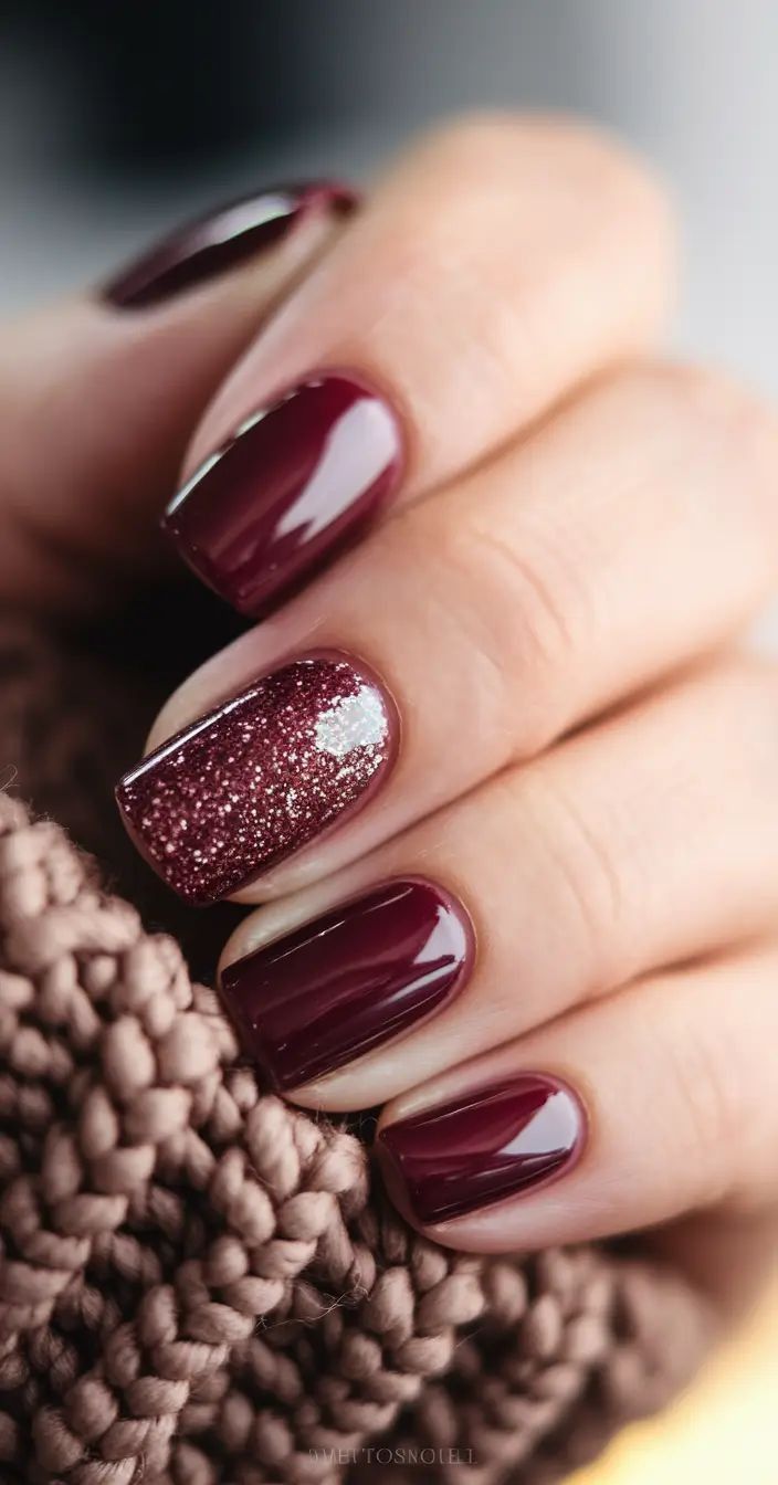 Ongles bordeaux avec un ongle d'accent, l'annulaire, entièrement recouvert de paillettes rouges assorties.