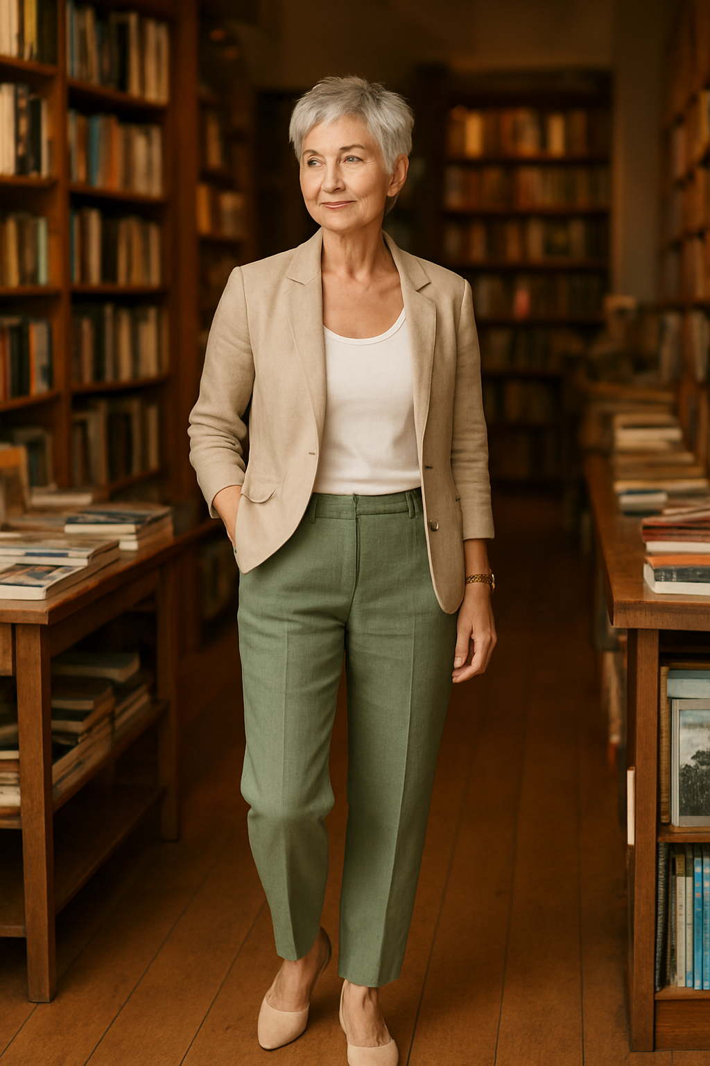 Look professionnel chic avec blazer beige dans une bibliothèque